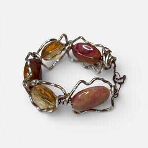 Vintage Wire Wrapped Bracelet Boho 70s Hippie Copper Silver Tone Gemstone